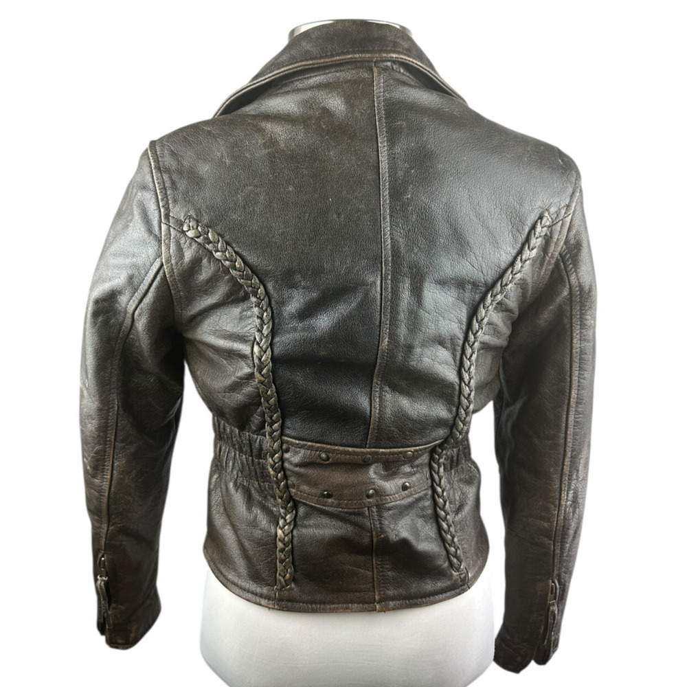 Unik Distressed Brown Leather Braided Moto Motorcycle Jacket Cross Zip Size XS - Picture 10 of 16